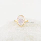 Elegant Opalite Ring, Opalite 10x14mm Oval Shape Gold Plated Gemstone Silver Ring, Light Blue Fire Opalite Faceted Bezel Engagement Ring